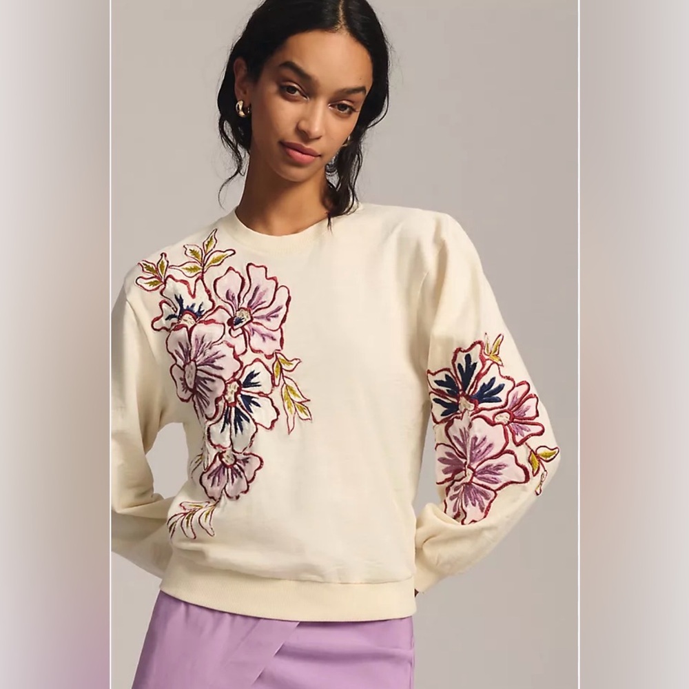Anthropologie Cream Sweater Applique Embroidery Floral - Size Small - EUC